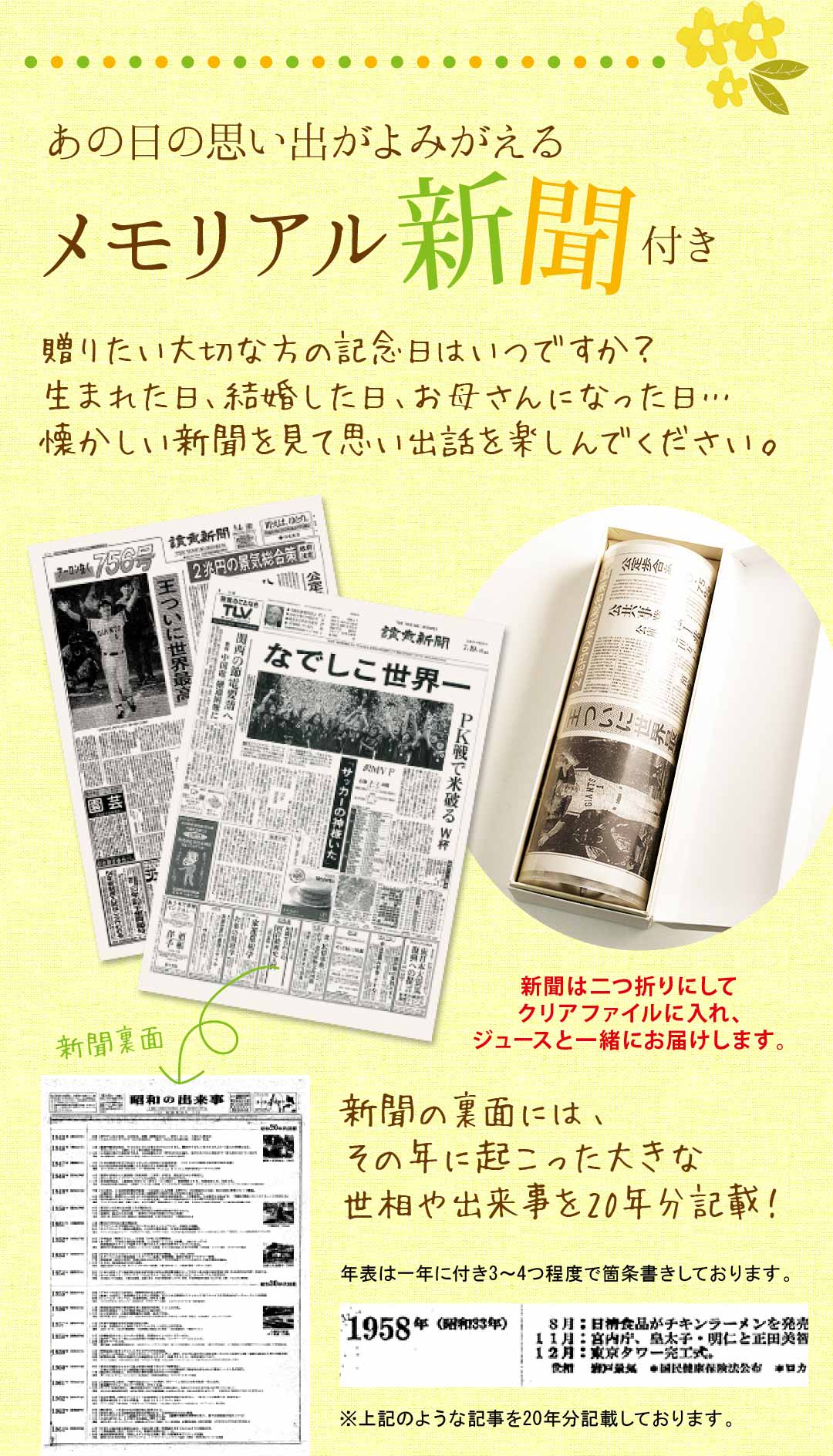 思い出がよみがえるメモリアル新聞付き